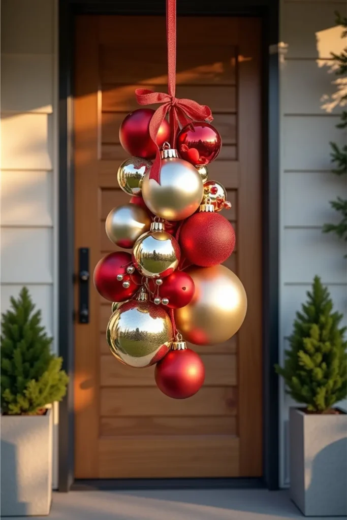 Front door with oversized gold, silver, and red ornaments floating on ribbons for playful holiday charm.