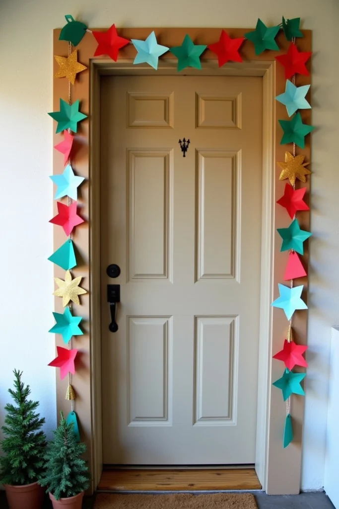 Colorful DIY paper chain garland with Christmas shapes and glitter adorning a front door.