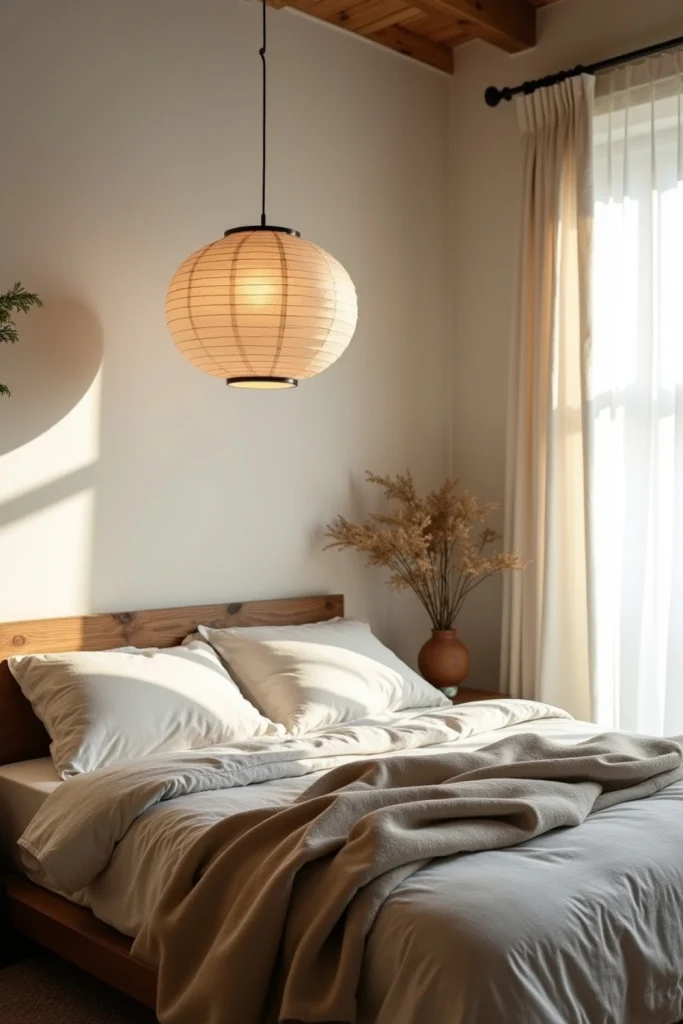 Handmade rice paper lantern casts soft glow over Wabi Sabi bedroom with natural textures.