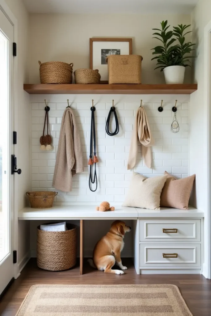 Pet-friendly mudroom with low dog washing station, tiled walls, hooks, mat, and toy basket.