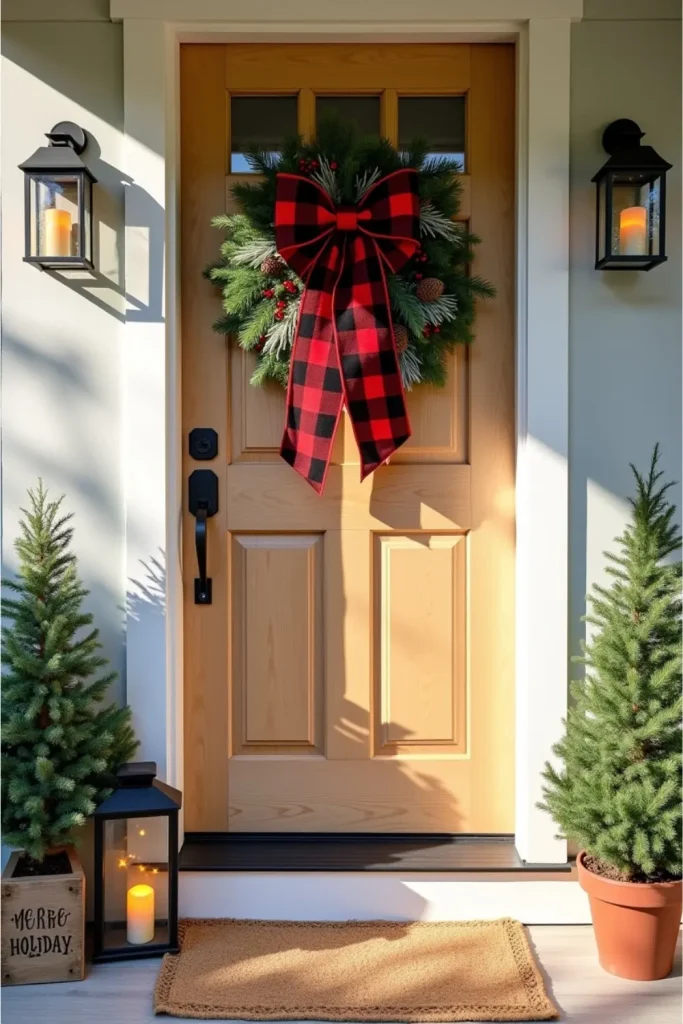 Front door with large plaid bow, layered greenery, pinecones, lanterns, and rustic holiday decor.