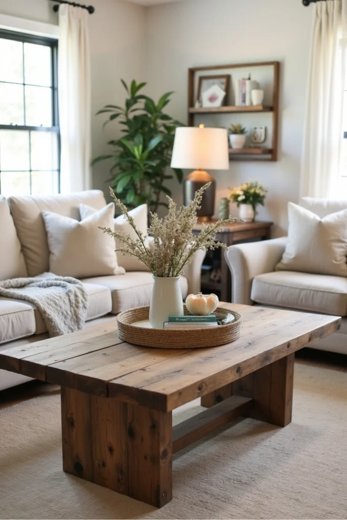 Modern farmhouse living room with reclaimed wood coffee table, neutral furniture, and woven accents.