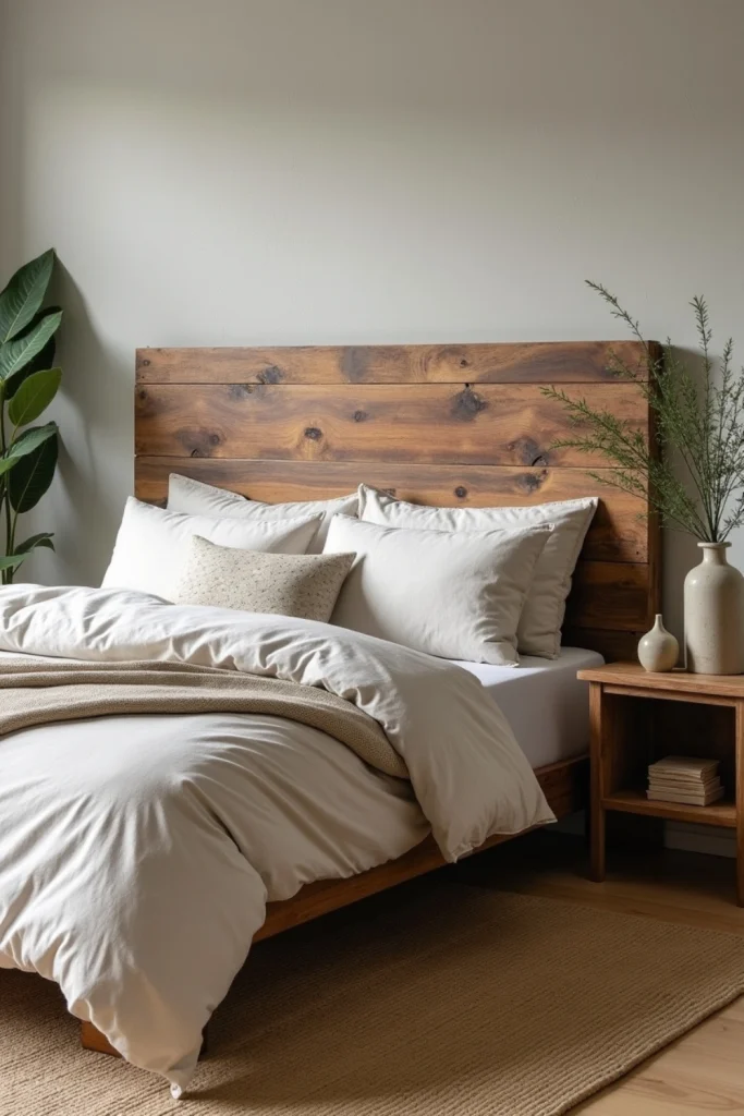Rough-hewn reclaimed wood headboard adds rustic charm to serene Wabi Sabi bedroom retreat.