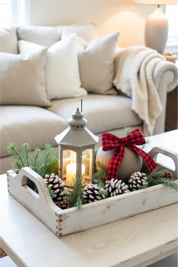 Rustic wooden tray with frosted pinecones, greenery, red plaid bow, and glowing lantern on table.