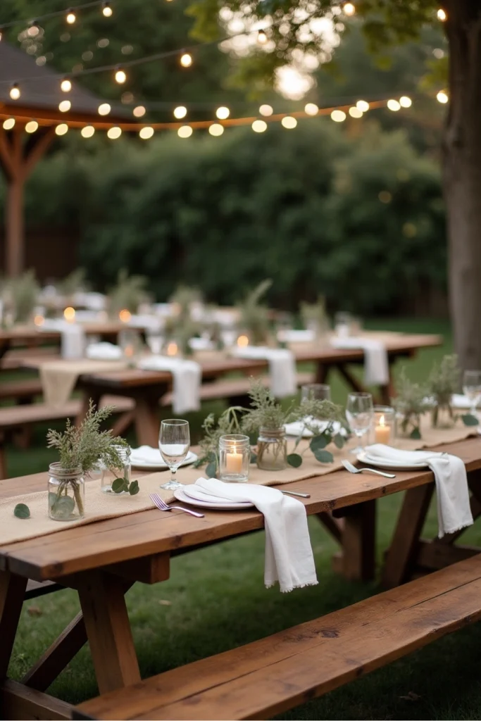 Rustic backyard wedding with wooden tables, burlap runners, mason jar candles, and minimal decor.