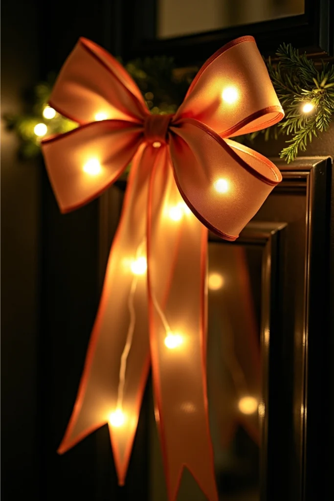 Front door with satin Christmas bow threaded with fairy lights, glowing softly for magical night.