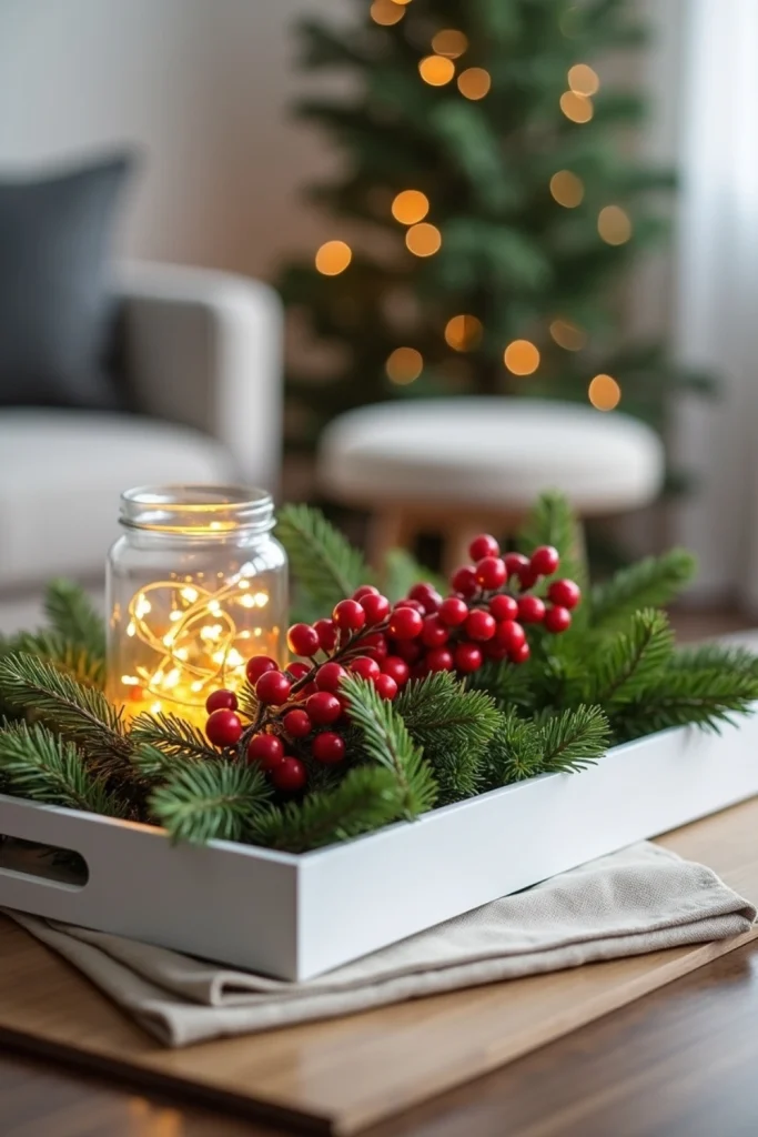 Minimalist Christmas coffee table with white tray, evergreen sprigs, red berries, and fairy lights.