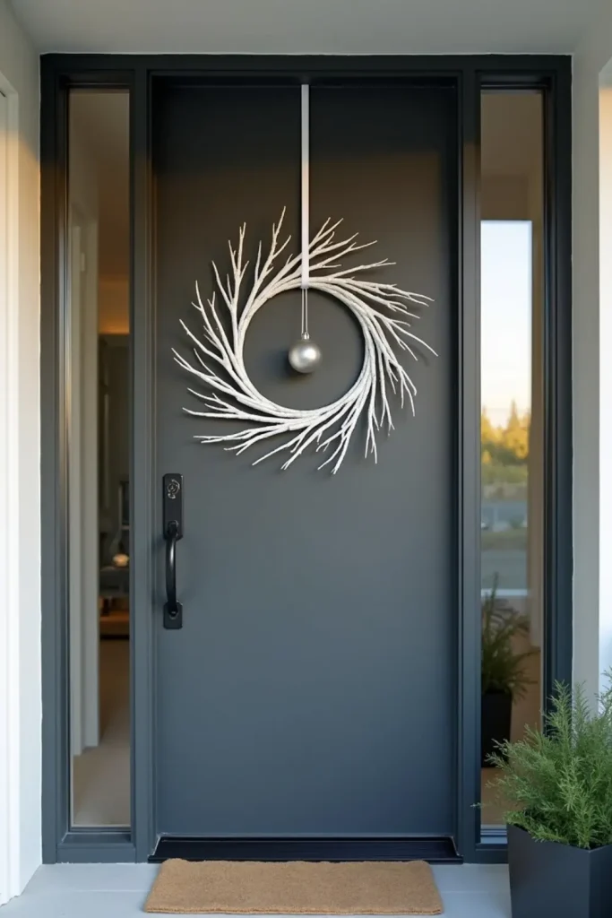 Minimalist white branch Christmas wreath with single silver ornament on a sleek dark door.