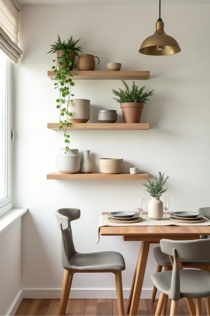 Small dining room with light wood floating shelves, plants, ceramics, and neutral farmhouse accents.