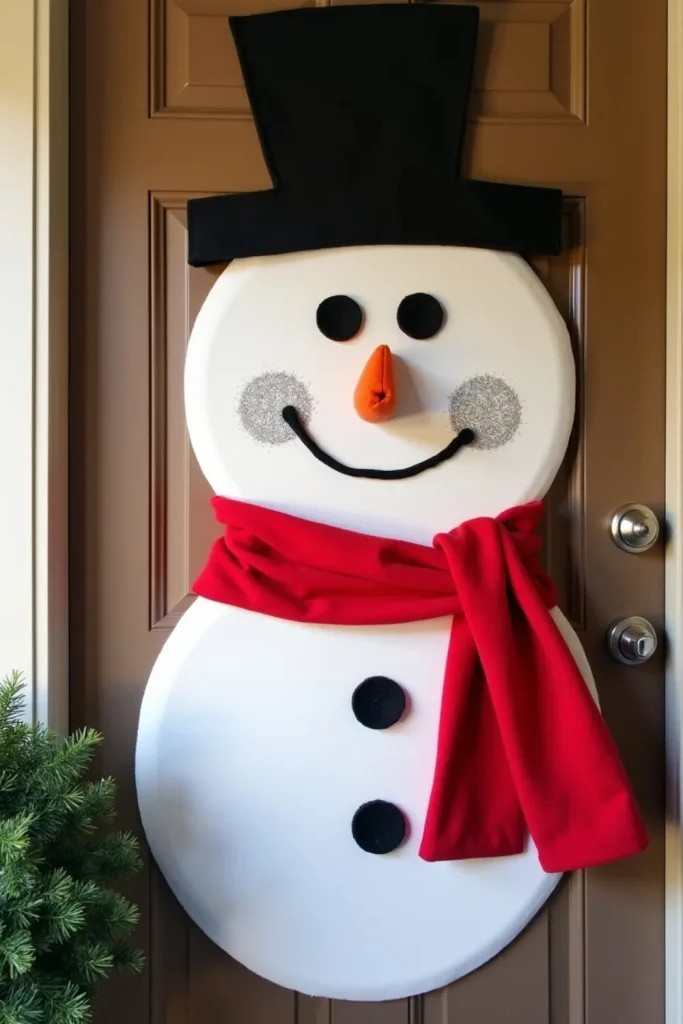 Whimsical snowman face door decor with scarf, hat, glitter accents, and small side wreath.