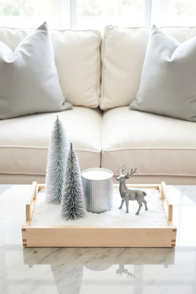 Light wood tray with artificial snow, frosted trees, silver deer figurine, and textured silver candle.
