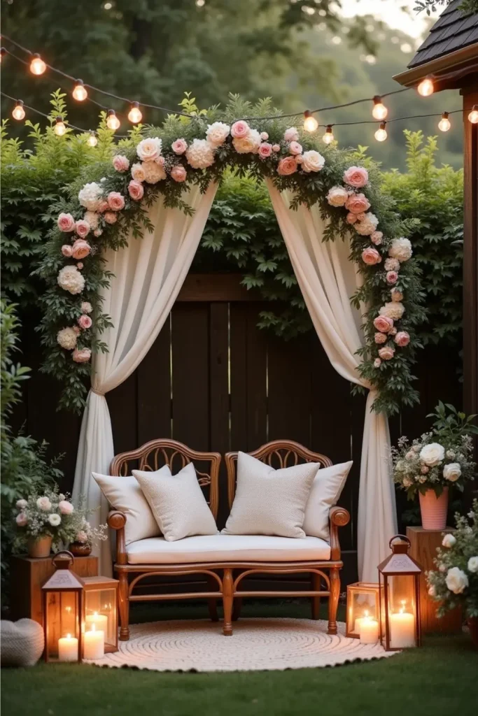 Cozy backyard wedding nook with floral arch, linen drapes, half-circle seating, and warm candles.