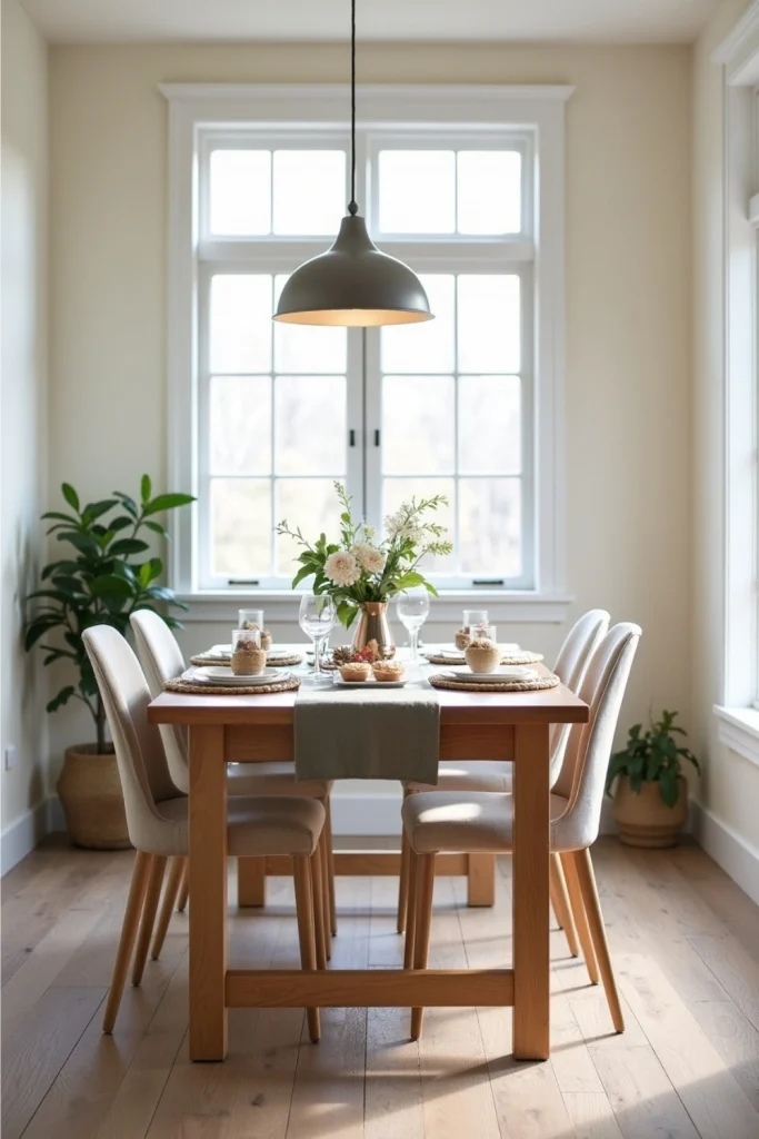 Small dining room with light wood extendable table, neutral chairs, and cozy farmhouse accents.