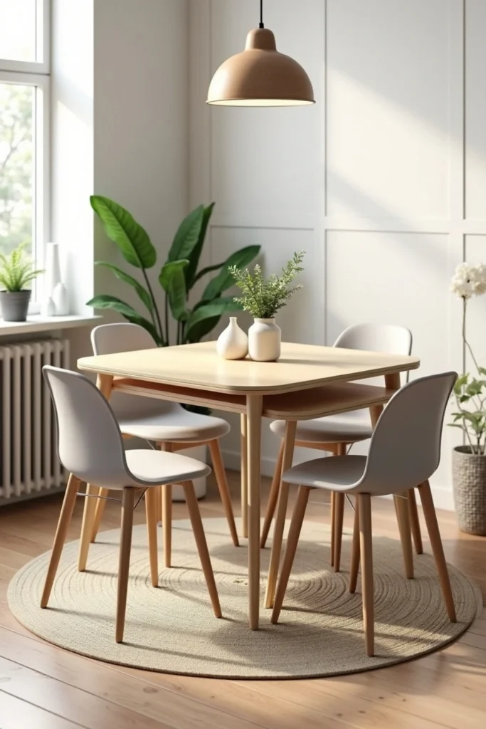 Compact dining with nesting tables, slim chairs, soft rug, and cozy, functional modern style.