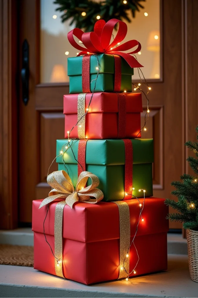 Stacked festive gift boxes with ribbons and fairy lights at front door for playful Christmas decor.