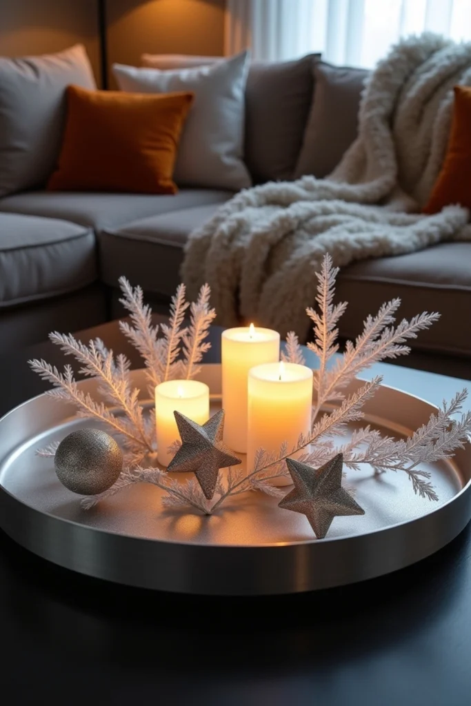 Silver tray with glittery stars, frosted branches, and three glowing votive candles on coffee table.