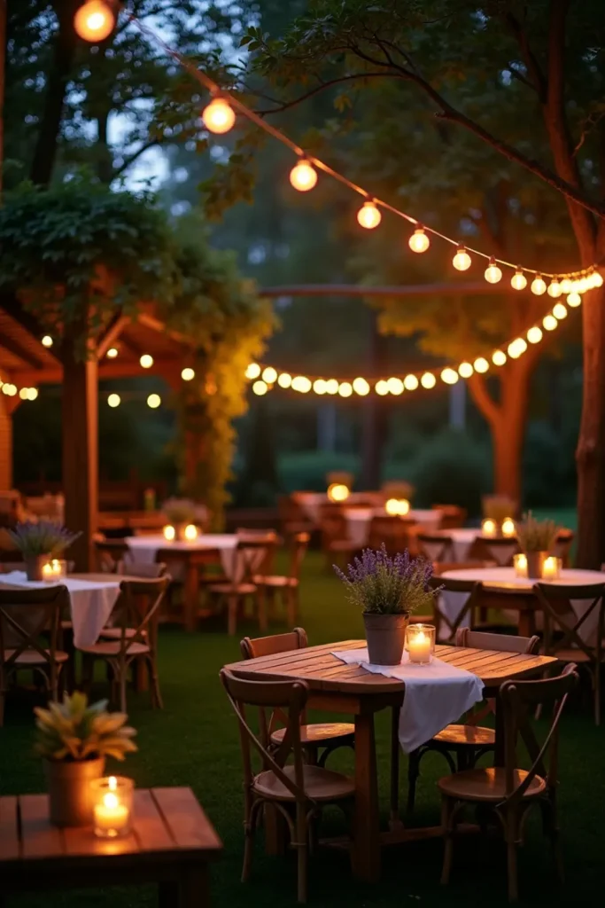 Romantic backyard wedding under warm string lights with tables, candles, and glowing pathways.