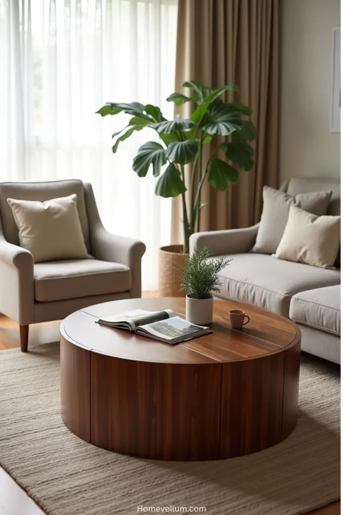 Living room with walnut drum-shaped coffee table, armchairs, soft cushions, and textured rug accents.