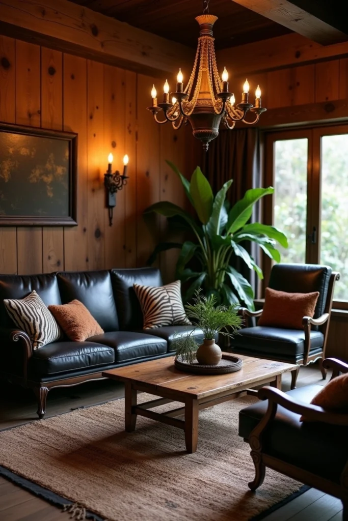 “Dark leather sitting room with zebra cushions, rustic chandelier, layered rugs, and boho safari decor”
