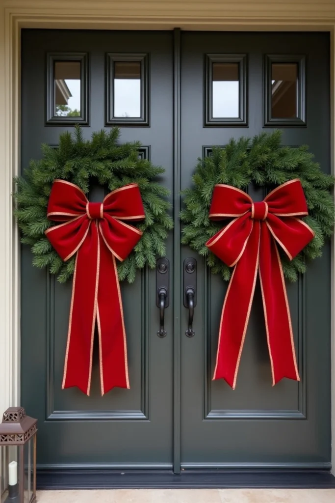 Double front doors with matching red or gold bows, symmetrical placement, elegant festive entrance.