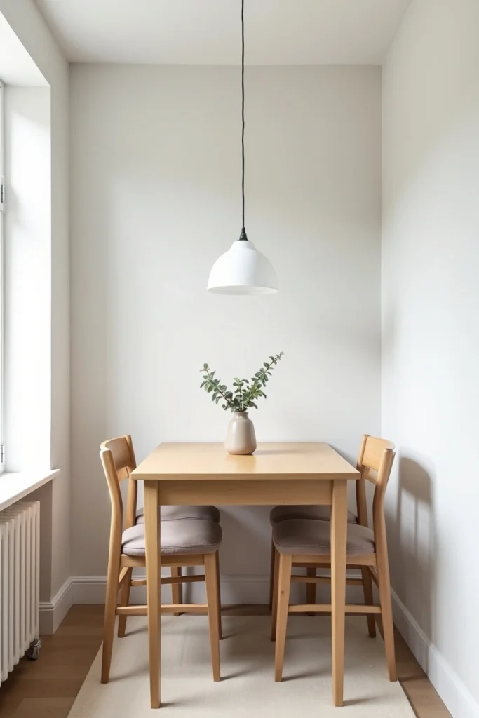 Tiny minimalist dining area with sleek table, neutral chairs, soft lighting, and clutter-free decor.