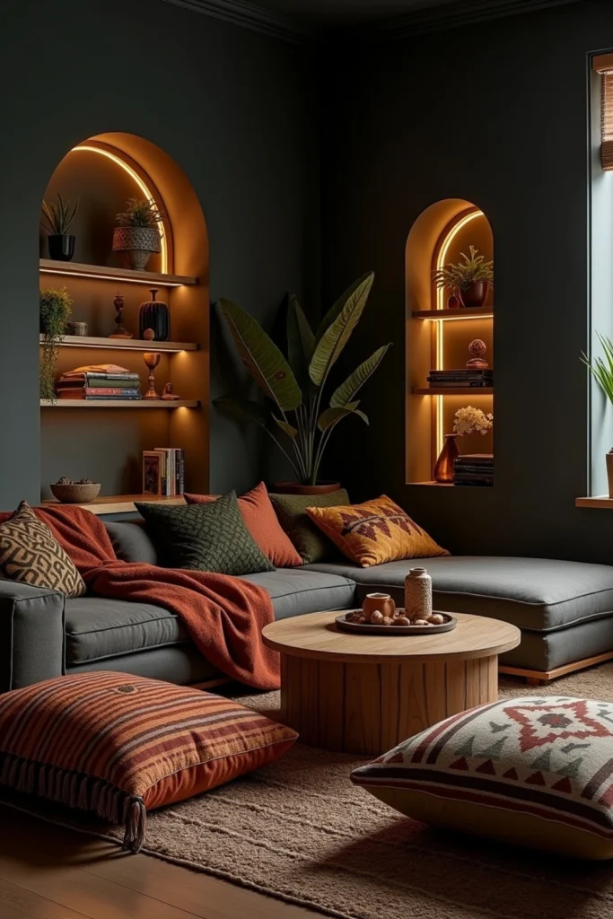 Dark boho lounge with tribal cushions, LED lighting, woven rugs, and serene, cozy ambient glow.