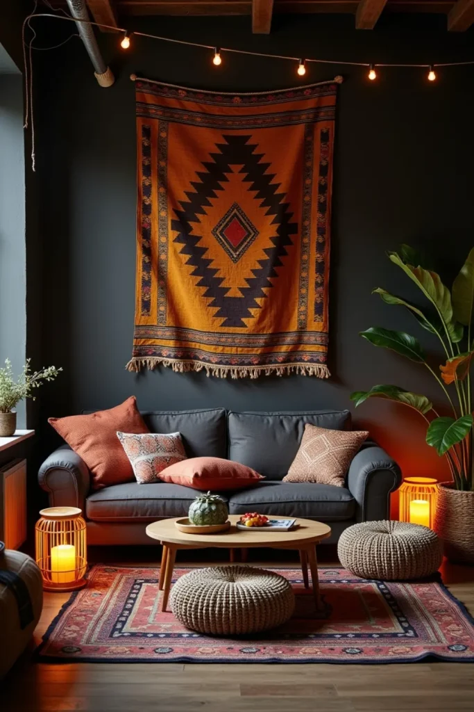 Charcoal tribal lounge with patterned tapestries, ethnic cushions, warm lanterns, and cozy rugs.