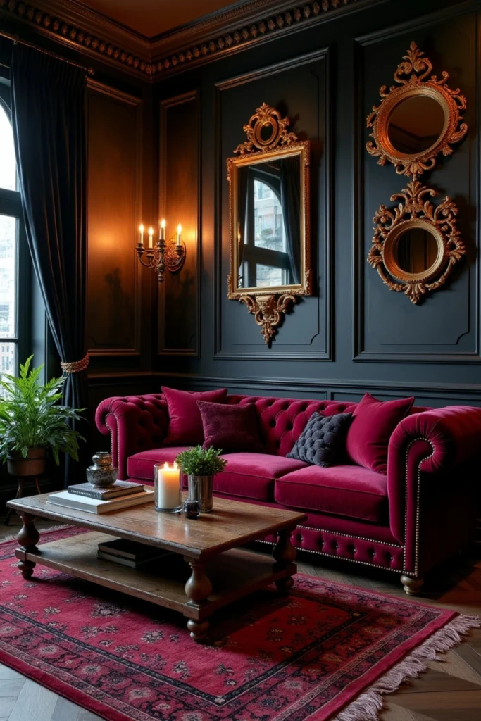 “Gothic boho living room with velvet seating, dark frames, dramatic uplighting, and luxurious decor”