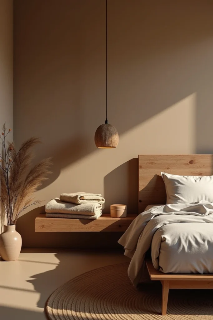 Single vintage heirloom displayed on wooden shelf adds personal charm to serene Wabi Sabi bedroom.