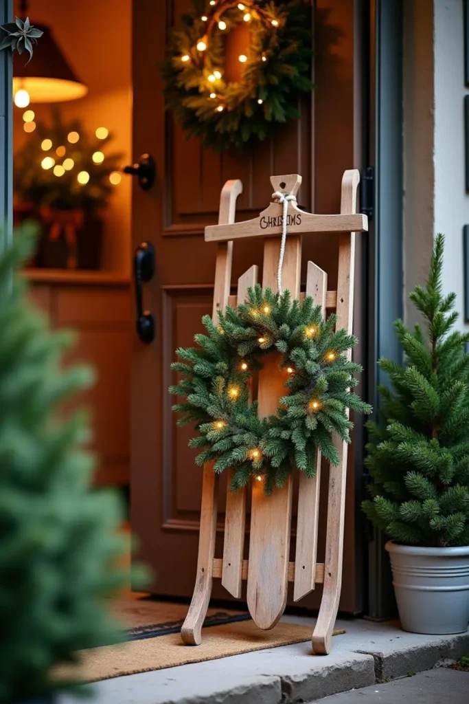 Vintage sled with evergreen wreath, fairy lights, and greenery decorating a warm festive front door.