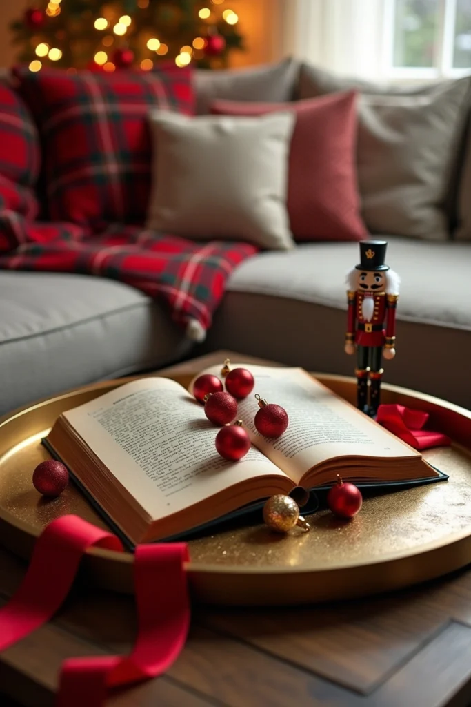 Vintage tray with open storybook, nutcracker, red and gold ornaments, and festive ribbon accent.