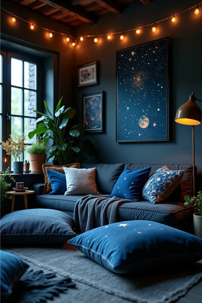 “Burgundy-walled dark boho room with black velvet cushions, tribal masks, red lamps, and cozy decor”