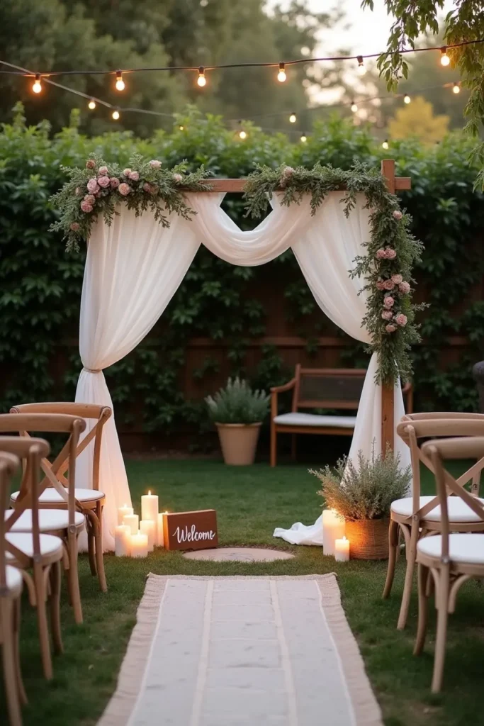 Intimate backyard micro wedding with wooden arch, string lights, and budget-friendly decor setup.