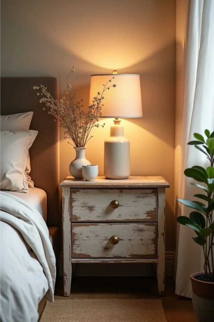 Weathered wooden nightstand with lamp and vase in serene Wabi Sabi bedroom corner.