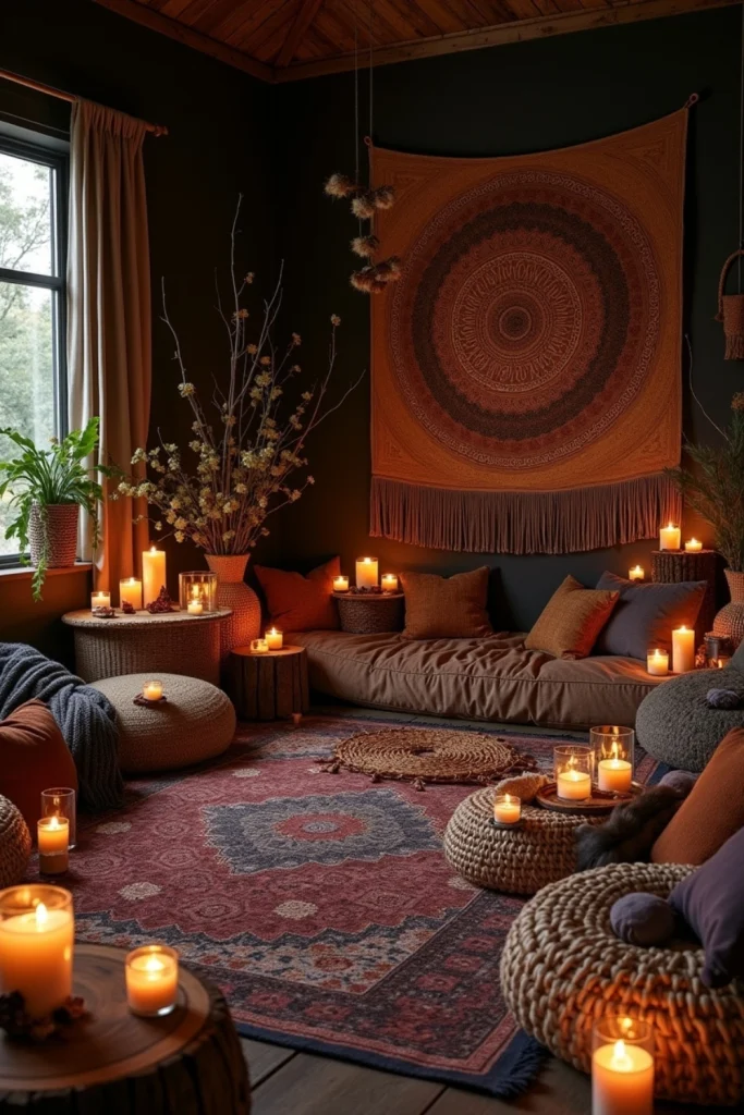 Dark boho living room with woven tapestries, candle lanterns, layered cushions, and cozy textures.