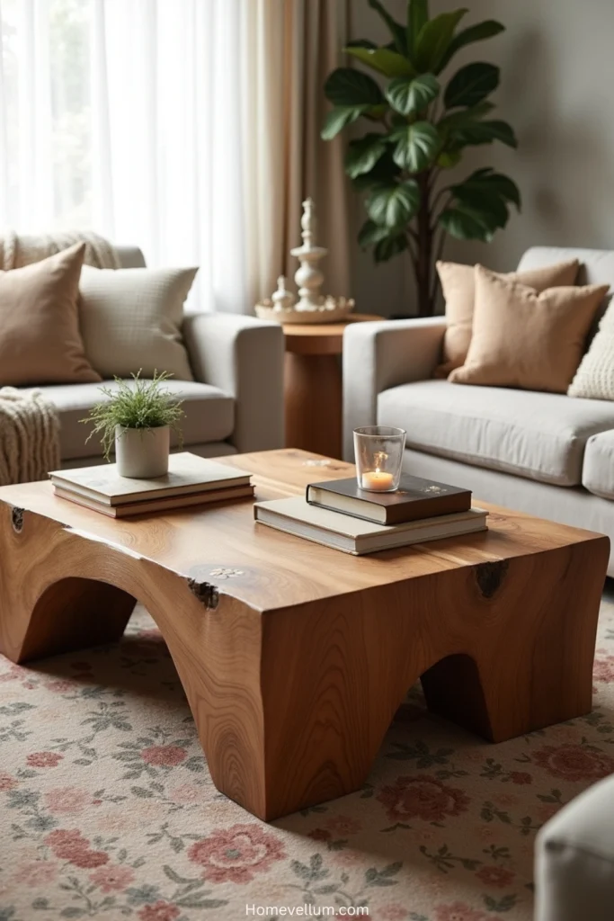 Living room with square wood coffee table, patterned rug, cozy cushions, and natural light accents.