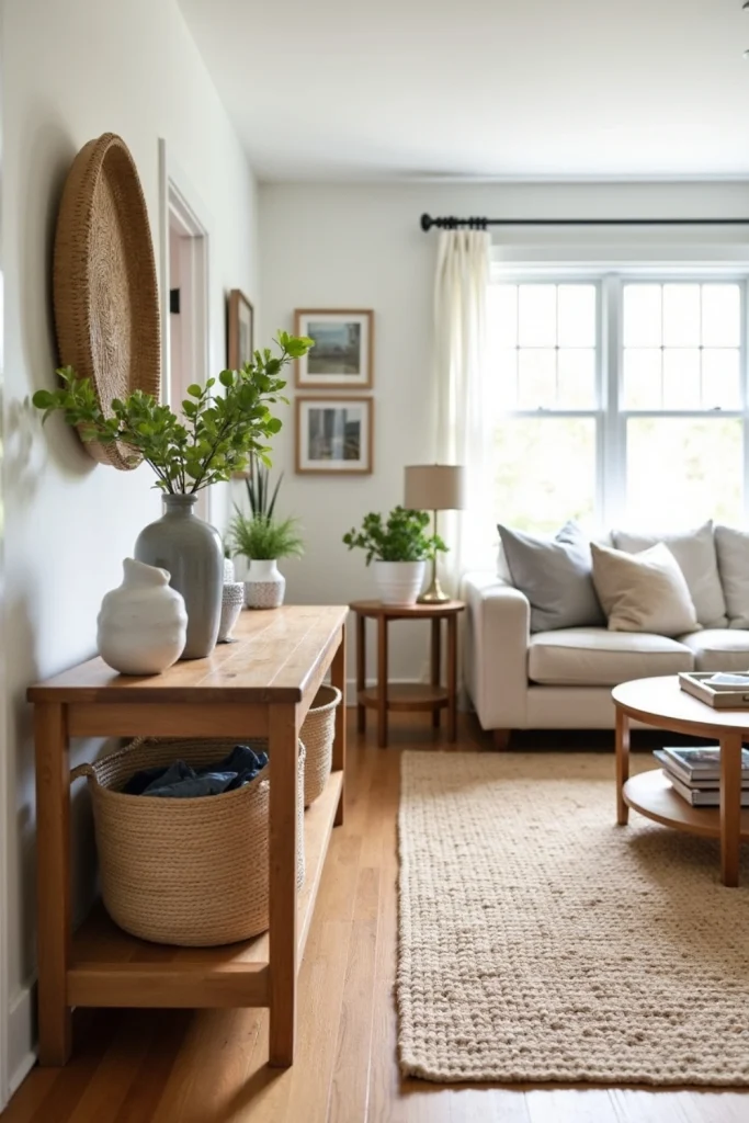 Modern farmhouse living room with jute baskets, woven rug, neutral furniture, and cozy accents.
