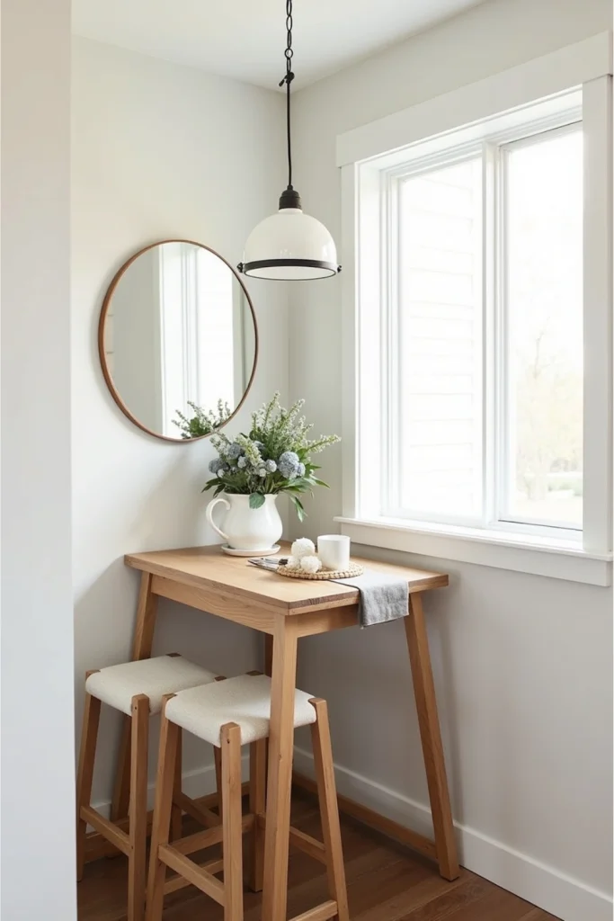 Tiny dining area with slim bar-height table, stools tucked in, and cozy modern farmhouse accents.
