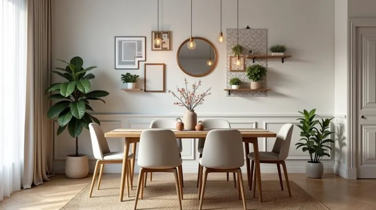 Inspiring dining room with gallery wall, mirror, wallpaper accent, and plants for stylish wall decor.