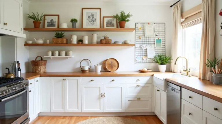 Bright kitchen with shelves, art, plants, and baskets creating a warm, creative wall decor display.