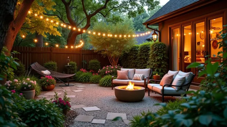 Peaceful backyard oasis with string lights, lush greenery, cozy seating, hammock nook, and fountain for relaxation.