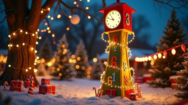 "Whoville crooked clock tower in candy colors with lights, candy canes, and snow in a festive yard."