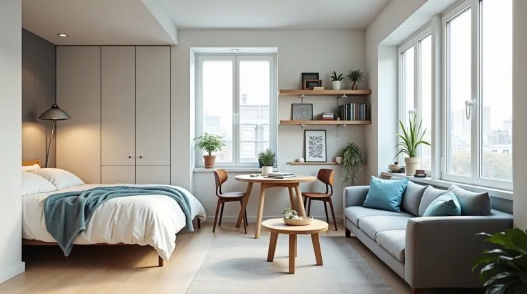 Modern studio apartment with bed, sofa, and dining area, styled with light colors and smart storage.