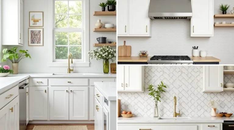 Collage of 16 stylish kitchen backsplashes with varied textures, colors, and decor accents.
