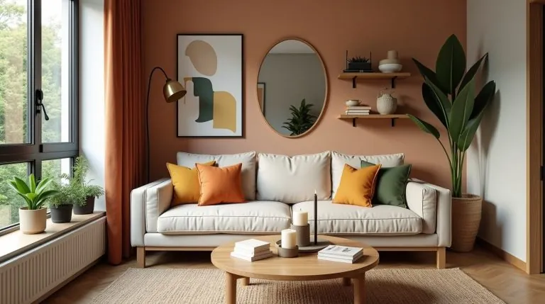 Modern apartment living room with earthy tones, plants, bold art, and cozy trendy 2025 decor style.