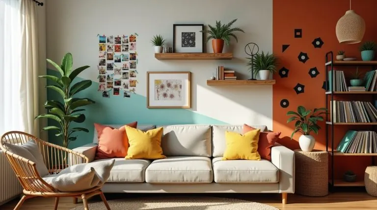 Cozy living room with collage wall, floating shelves, macrame plant hanger, and geometric decals.