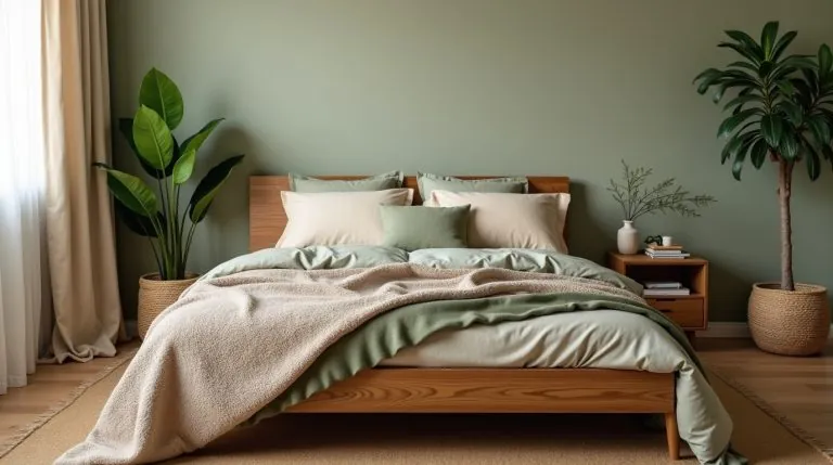 “Cozy earthy bedroom with neutral and sage tones, layered bedding, jute rug, and indoor plants”