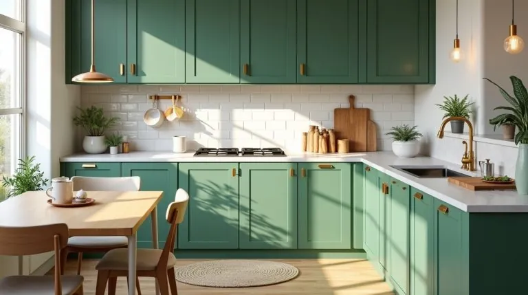Green kitchen cabinets in emerald and sage with gold hardware, white countertops, wood accents, and plants.