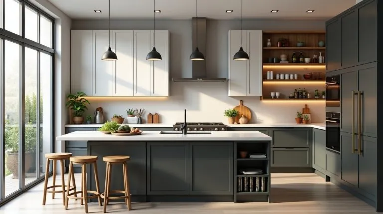 Stylish, functional kitchen with mixed cabinets, island, greenery, and practical modern design ideas.