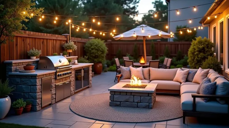 Inviting outdoor kitchen with grill, fire pit, string lights, and cozy seating in a stylish backyard.